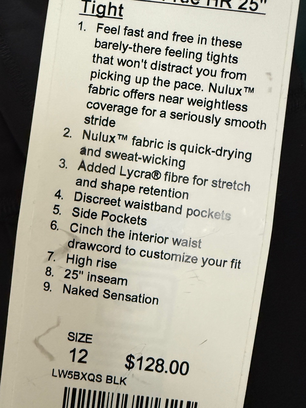 lululemon Black Women’s Tight High-Rise Fast & Free. NWT sz 12  25”